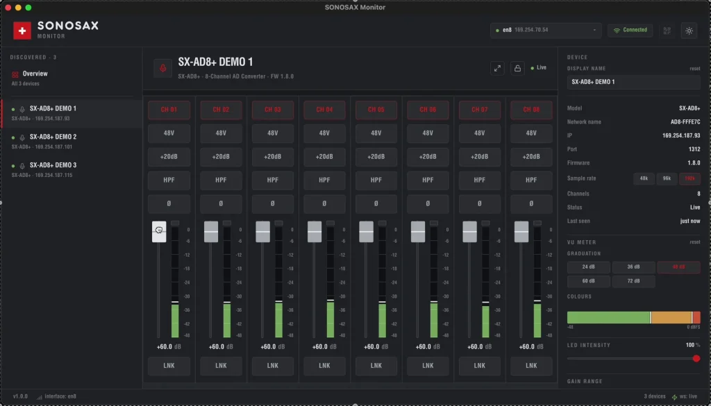 Detailed control view of a SONOSAX SX-AD8+